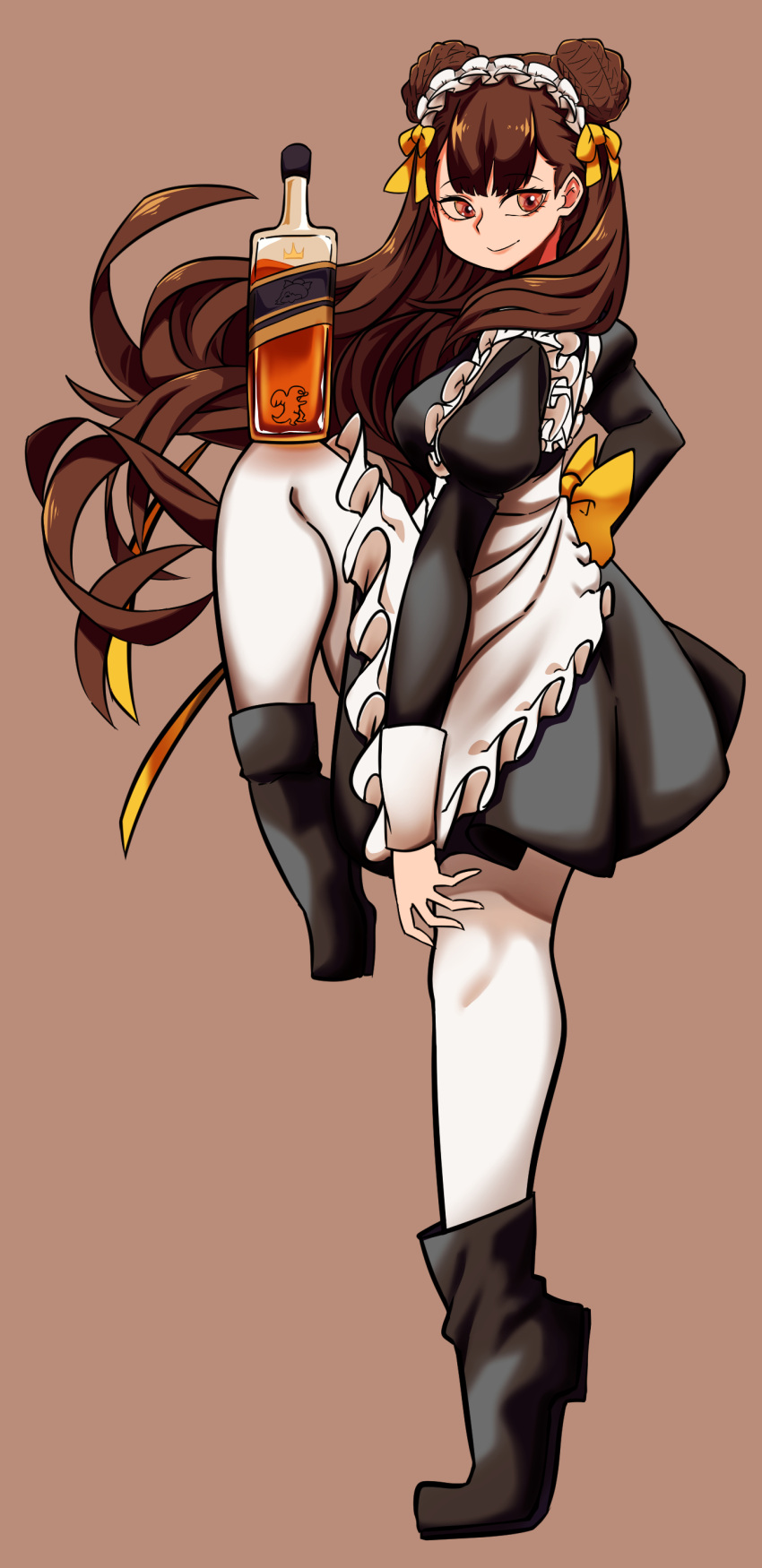 1girl absurdres alcohol apron back_bow bangs black_dress black_hair black_survival boots bottle bow breasts brown_eyes brown_hair closed_mouth commentary_request double_bun dress frilled_apron frills full_body hair_bow hair_bun highres li_dailin long_hair looking_at_viewer looking_to_the_side maid maid_apron maid_headdress medium_breasts pantyhose rinyamame simple_background smile solo standing standing_on_one_leg very_long_hair whiskey white_apron white_pantyhose yellow_bow