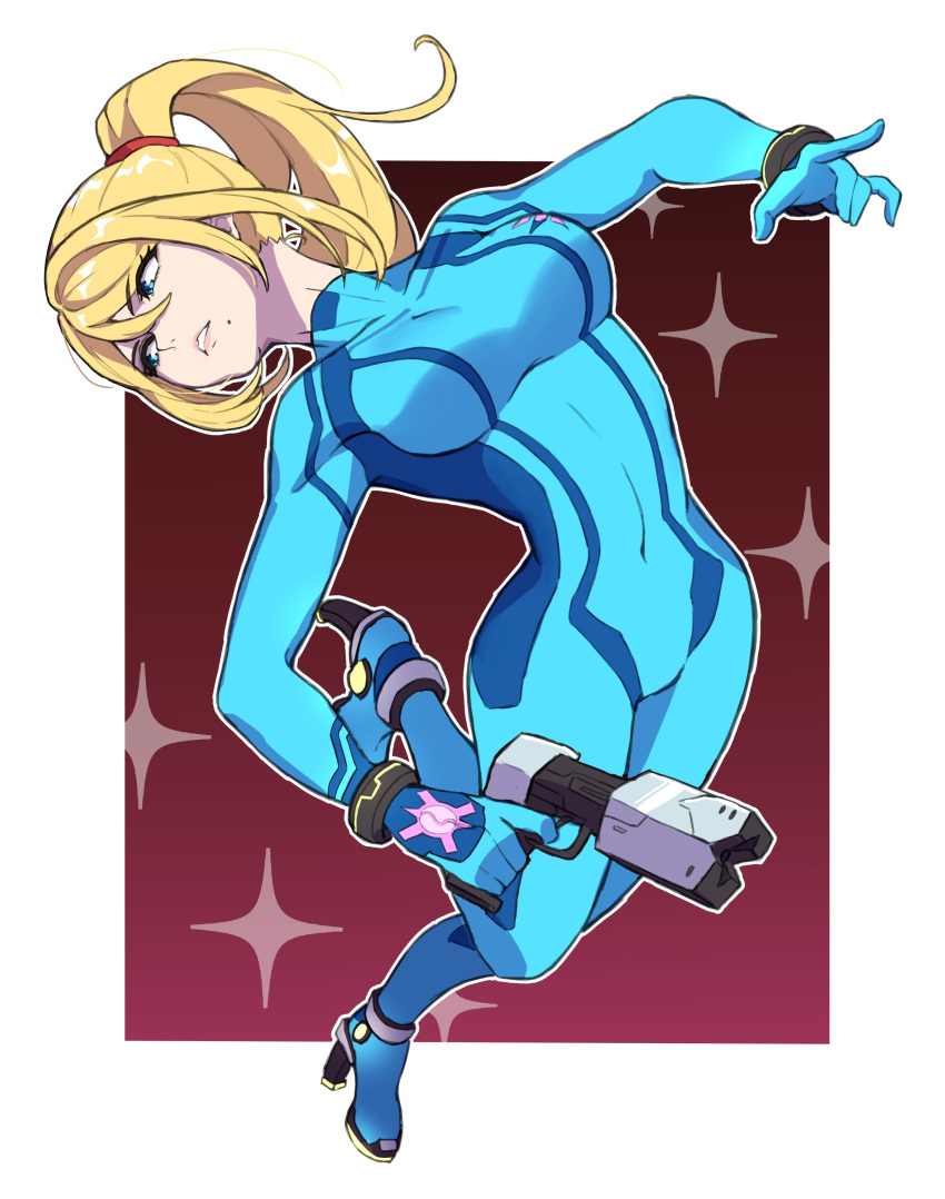 1girl absurdres bangs blonde_hair blue_eyes bodysuit breasts commentary covered_navel full_body grimmelsdathird gun highres long_hair metroid metroid_prime mole mole_under_mouth ponytail samus_aran sidelocks skin_tight solo weapon zero_suit