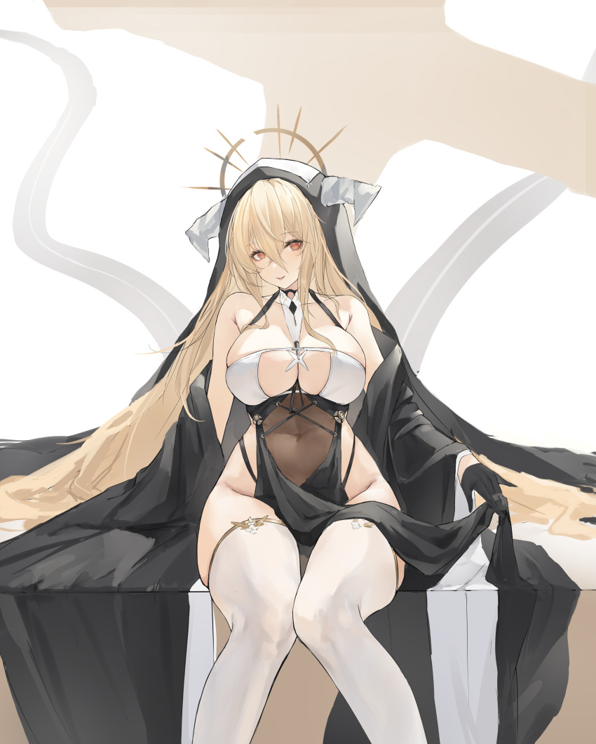 1girl absurdres arm_rest azur_lane bangs bare_shoulders between_breasts black_dress black_gloves blonde_hair blush breast_curtains breasts cleavage clothing_cutout collarbone covered_navel detached_collar detached_sleeves dress fake_horns feet_out_of_frame gloves groin habit hair_between_eyes half_gloves halo halterneck highleg highleg_dress highres horns implacable_(azur_lane) knees_together_feet_apart large_breasts long_hair long_sleeves looking_at_viewer lump_saury navel necktie necktie_between_breasts nun parted_lips pelvic_curtain red_eyes sidelocks simple_background sitting skindentation smile thighhighs thighs veil very_long_hair white_background white_thighhighs wide_sleeves