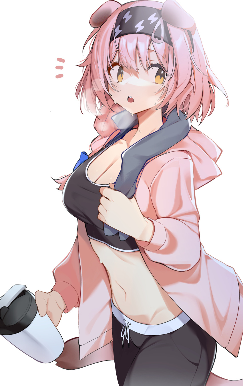 1girl absurdres animal_ears arknights black_hairband black_pants breasts cat_ears cleavage commentary cowboy_shot crop_top goldenglow_(arknights) hairband highres holding jacket large_breasts leggings long_hair long_sleeves looking_at_viewer midriff navel open_mouth pants pink_hair pink_jacket signal_1120 simple_background solo sports_bra standing stomach white_background yellow_eyes