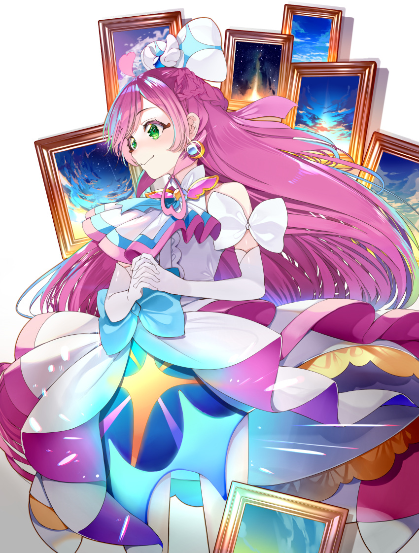 1girl absurdres ahoge ascot bangs blue_bow bow braided_sidelock brooch closed_mouth cure_prism dress earrings elbow_gloves glove_bow gloves green_eyes hair_bow heart heart_ahoge highres hirogaru_sky!_precure jewelry long_hair looking_to_the_side magical_girl nijigaoka_mashiro own_hands_clasped own_hands_together painting_(object) pink_hair precure sidelocks smile solo white_ascot white_bow white_dress white_gloves wing_brooch yuutarou_(fukiiincho)