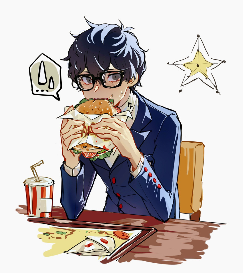 1boy amamiya_ren bangs black_eyes black_jacket burger chair cup drinking_straw eating food glasses highres holding holding_food jacket long_sleeves looking_at_viewer persona persona_5 school_uniform short_hair simple_background sitting solo spoken_sweatdrop star_(symbol) sweatdrop table upper_body white_background yusei_jihao