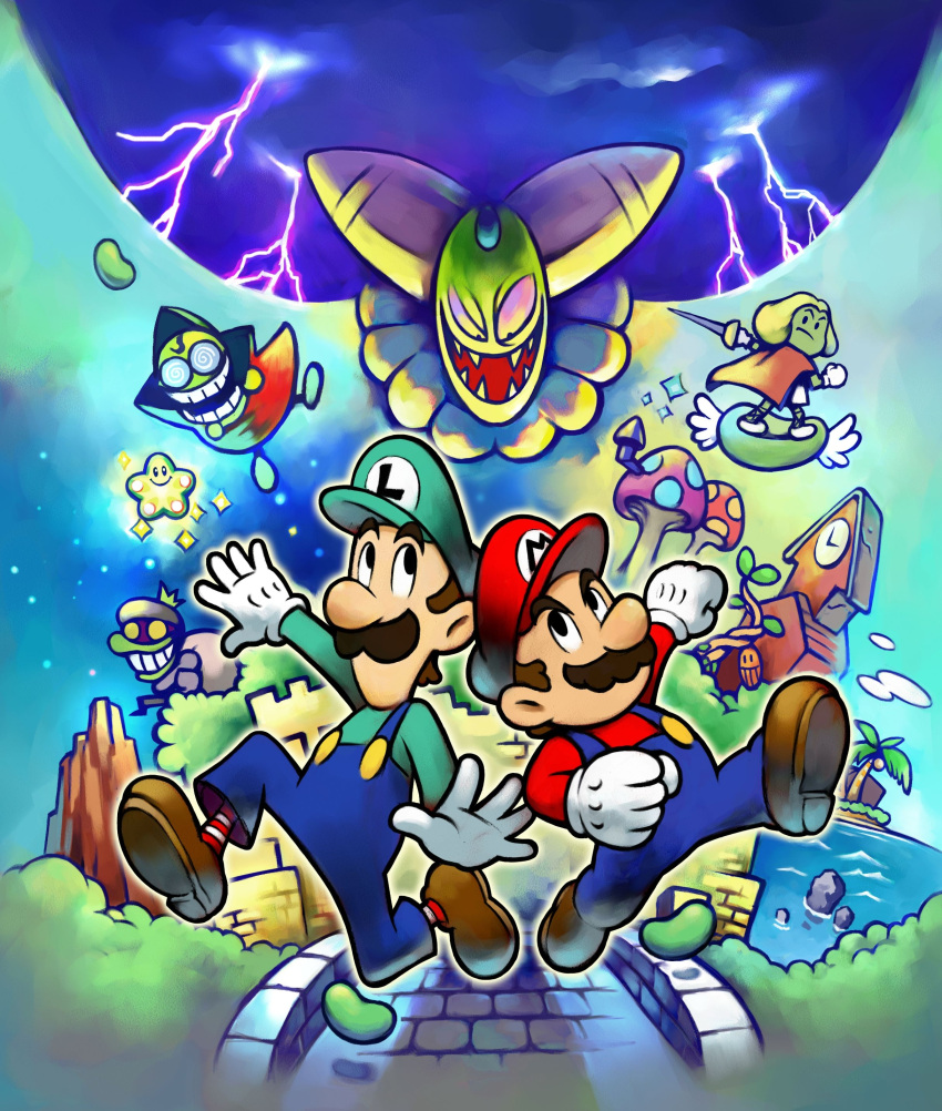 1girl 4boys absurdres beans beanstar blonde_hair blue_overalls boots brothers brown_footwear brown_hair building cackletta clock clock_tower facial_hair fawful gloves green_headwear green_shirt hat highres holding holding_sword holding_weapon lightning luigi mario mario_&amp;_luigi:_superstar_saga mario_&amp;_luigi_rpg mario_(series) multiple_boys mushroom mustache official_art open_mouth overalls palm_tree popple prince_peasley red_headwear red_shirt sharp_teeth shirt siblings sword teeth tower tree weapon white_gloves
