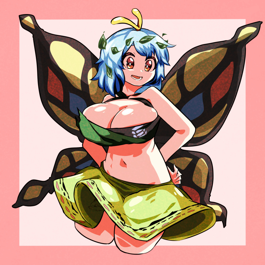 1girl antennae arms_behind_back bangs black_tube_top breasts brown_eyes brown_wings butterfly_wings cleavage commentary_request cowboy_shot eternity_larva green_skirt highres large_breasts leaf leaf_on_head looking_at_viewer medium_hair navel open_mouth pink_background rinyamame skirt smile solo strapless touhou tube_top two-tone_background wings