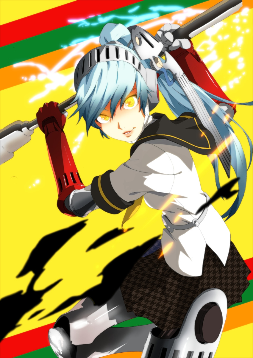 1girl android black_skirt blue_hair frfk glowing glowing_eyes highres joints labrys_(persona) light_blue_hair long_hair parted_lips persona persona_4:_the_ultimate_in_mayonaka_arena persona_4:_the_ultimax_ultra_suplex_hold ponytail robot_girl robot_joints school_uniform serafuku shadow_(persona) shadow_labrys skirt solo yellow_eyes