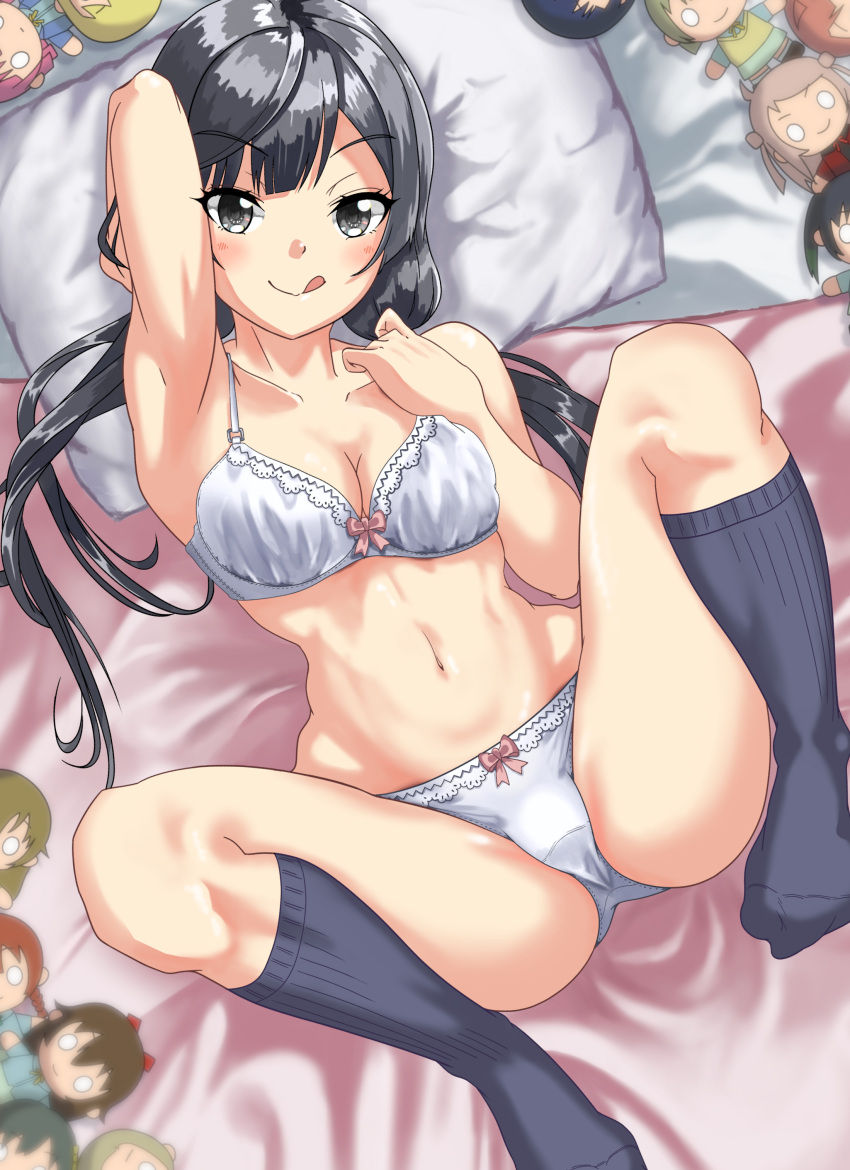 1girl :q absurdres akiyama_(yehonatan) arm_up armpits bangs black_eyes black_hair black_socks bow bow_bra bow_panties bra breasts cleavage closed_mouth commentary_request crotch_seam doll from_above highres knees_up licking_lips long_hair looking_at_viewer love_live! love_live!_nijigasaki_high_school_idol_club low_twintails lying medium_breasts navel on_back on_bed panties smile socks solo spread_legs tongue tongue_out twintails underwear underwear_only white_bra white_panties yuuki_setsuna_(love_live!)