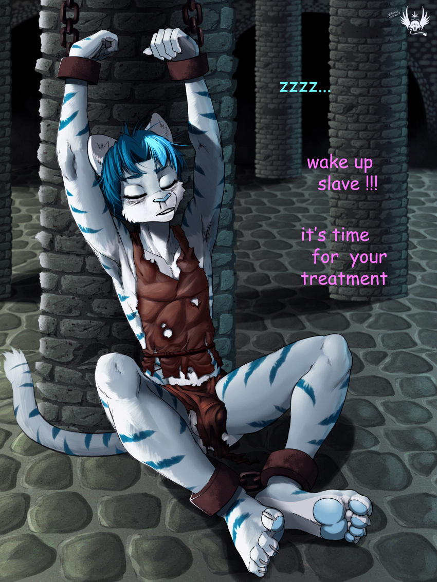 3:4 4_toes 5_fingers absurd_res anthro bdsm biped blue_hair blue_pawpads bondage bound claws eldiman english_text eyes_closed feet felid fingers fur hair hi_res male mammal pantherine pawpads sleeping solo striped_body striped_fur stripes tail teenager text tiger toes young