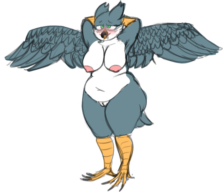 ahegao anthro avian belly big_breasts big_butt bird blush breasts butt curvy_figure falcon falconid feathers female genitals green_eyes grey_body grey_feathers hands_behind_head looking_pleasured nipples nude overweight overweight_anthro overweight_female peregrine_falcon pussy smits128 solo tail_feathers talons thick_thighs white_belly wings yaj