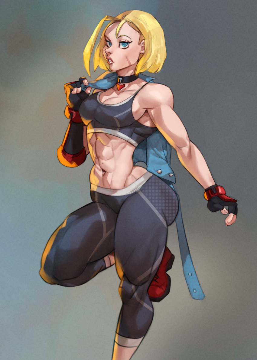1girl abs antenna_hair asymmetrical_gloves black_gloves black_pants black_sports_bra blonde_hair blue_eyes blue_jacket boots breasts cammy_white cleavage commentary dlusional english_commentary fingerless_gloves gloves grey_background highres jacket jacket_over_shoulder jacket_removed lips medium_breasts midriff mismatched_gloves muscular muscular_female navel pants pendant_choker red_footwear scar scar_on_cheek scar_on_face short_hair single_vambrace skin_tight solo sports_bra standing standing_on_one_leg street_fighter street_fighter_6 thick_thighs thighs vambraces yoga_pants