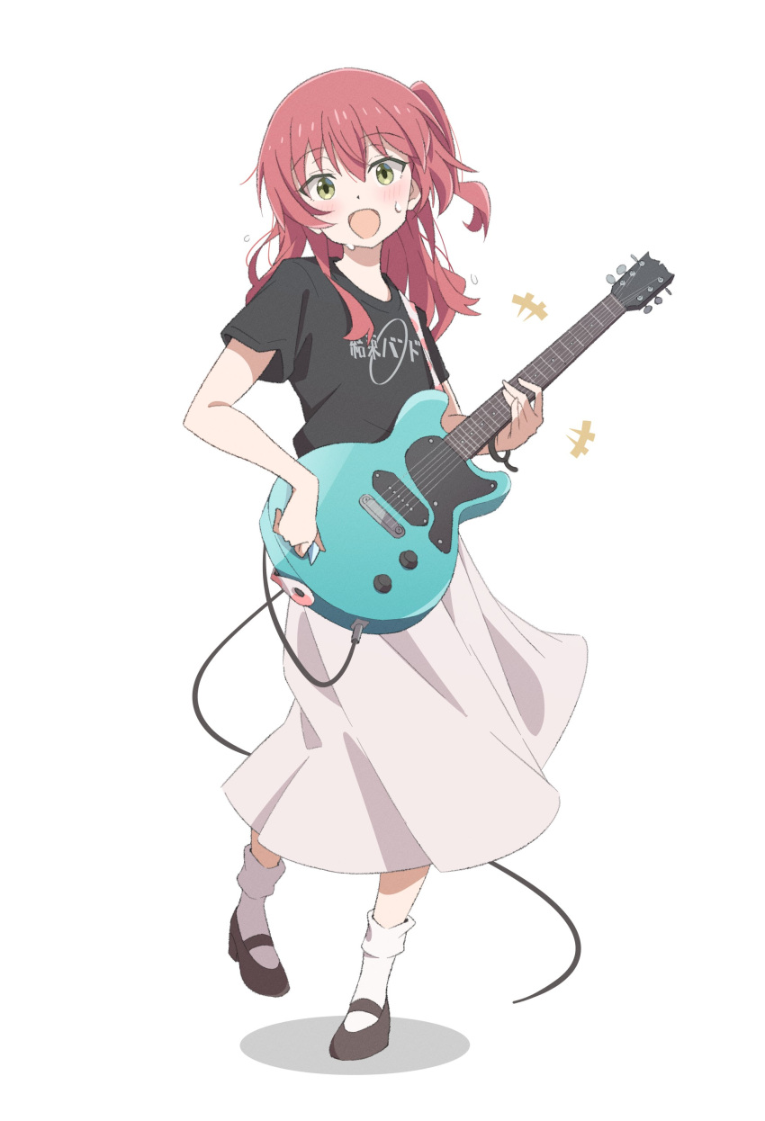 1girl absurdres bangs black_footwear black_shirt bocchi_the_rock! eito12 electric_guitar full_body gibson_les_paul green_eyes guitar hair_between_eyes highres holding holding_instrument instrument kita_ikuyo long_hair long_skirt music one_side_up open_mouth playing_instrument red_hair shirt shoes short_sleeves simple_background skirt socks solo standing standing_on_one_leg sweat t-shirt white_background white_skirt white_socks