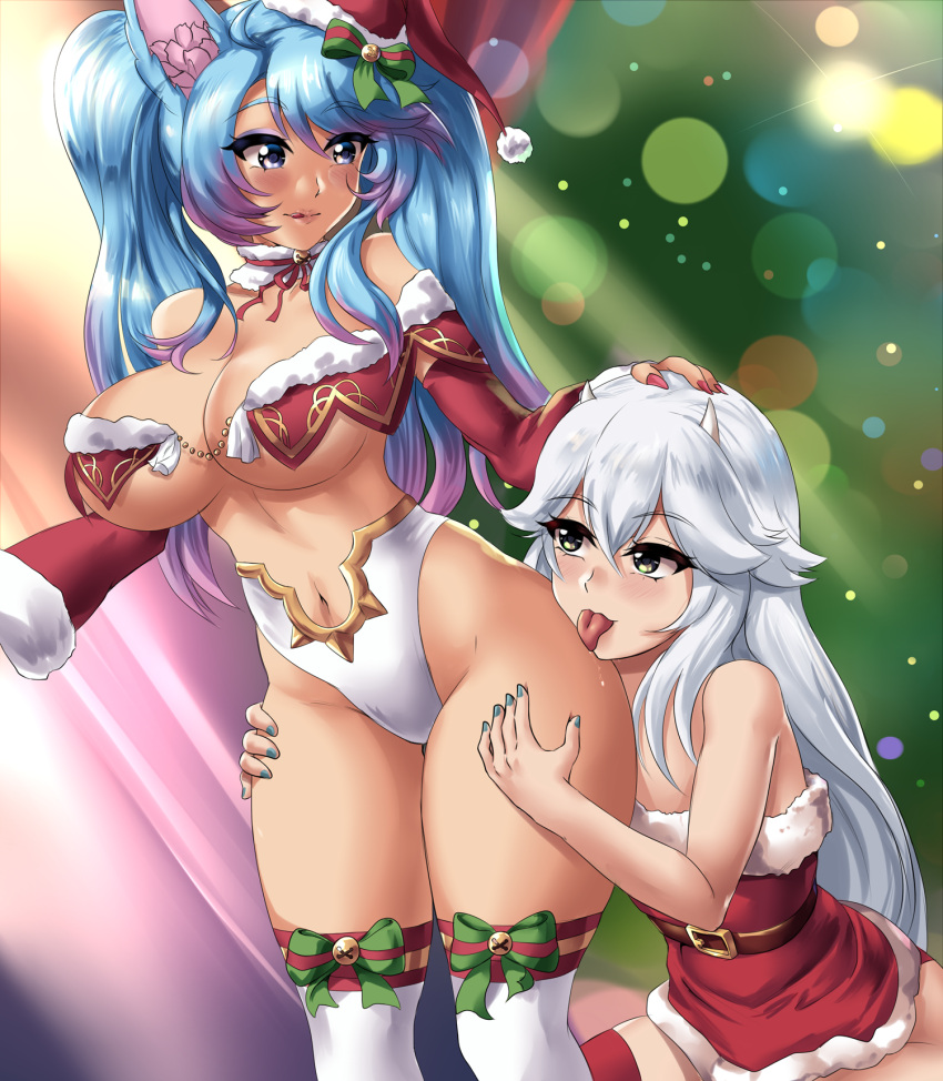 2girls animal_ear_fluff animal_ears bangs blue_eyes blue_hair blue_nails breasts cleavage demon_girl demon_horns dress fur-trimmed_dress fur-trimmed_headwear fur_trim grin hand_on_another's_head hat highres horns large_breasts leonart leotard licking_thigh long_hair looking_at_another looking_at_viewer multicolored_hair multiple_girls nail_polish navel pink_hair red_dress red_headwear red_nails santa_costume santa_dress santa_hat silvervale smile streaked_hair swept_bangs thighhighs tongue tongue_out twintails vei_(vtuber) virtual_youtuber vshojo white_hair white_leotard white_thighhighs wolf_ears wolf_girl yellow_eyes yuri
