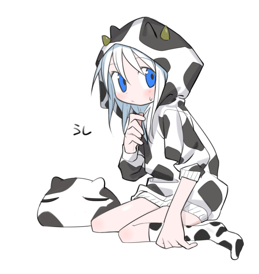 1girl animal_hood animal_print bangs blue_eyes blush closed_mouth cow_horns cow_print creature fake_horns from_side hand_up highres hood hood_up horns kneehighs kokaki_mumose light_frown long_sleeves looking_at_viewer medium_hair null-meta raised_eyebrows sideways_glance simple_background sitting sleeve_rolled_up socks solo sweatdrop takada_shiyuki wariza white_background white_hair