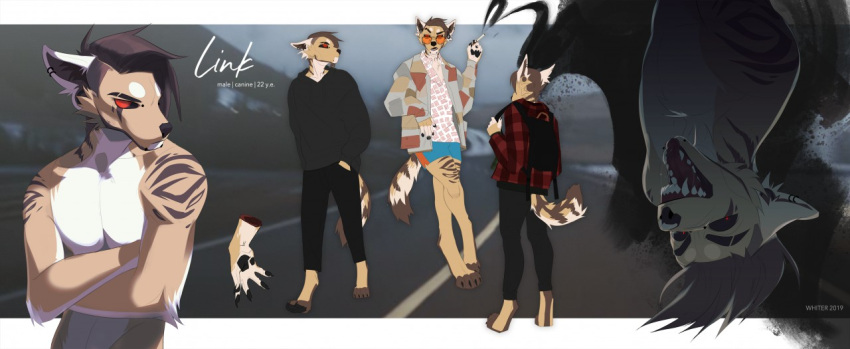 2019 anthro artist_name black_bottomwear black_clothing black_pants black_pawpads black_sclera blue_bottomwear blue_clothing blue_shorts bottomwear brown_hair brown_markings canid clothed clothing crossed_arms dark_hair dark_markings dated digitigrade ear_piercing ear_ring fingerpads front_view fur gauged_ear grey_clothing grey_hoodie grey_topwear hair hoodie insane link_(dethscript) male mammal markings model_sheet no_pupils nude open_mouth orange_body orange_fur pants pawpads piercing rear_view red_clothing red_eyes red_topwear ring_piercing sharp_teeth shorts solo standing tan_body tan_fur teeth topwear unknowhiter upside_down white_body white_fur