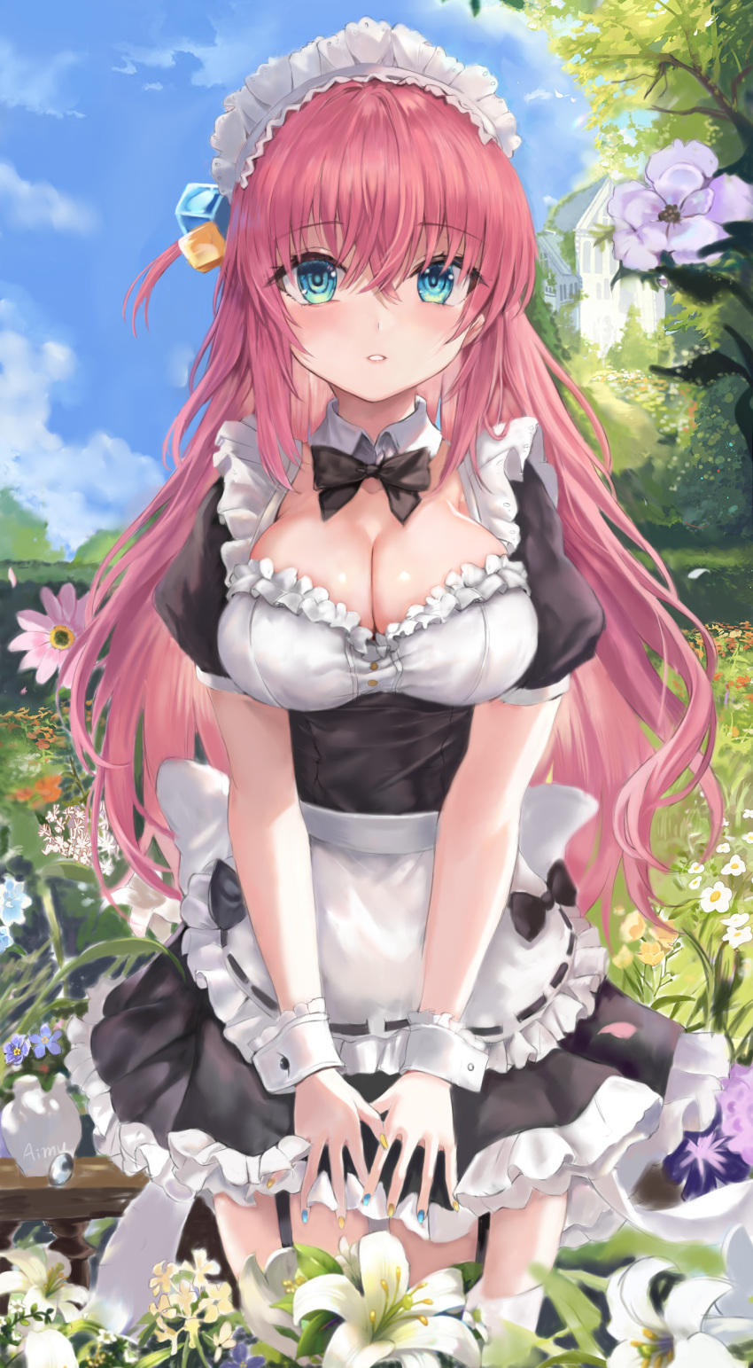 1girl absurdres aimu_(angry9565) apron bangs black_bow black_bowtie blue_nails blue_sky blush bocchi_the_rock! bow bowtie braid breasts cleavage flower frilled_apron frills garter_straps gotou_hitori green_eyes hair_between_eyes highres large_breasts long_hair maid maid_apron maid_headdress nail_polish outdoors parted_lips pink_hair purple_flower short_sleeves sky solo standing thighhighs white_flower white_thighhighs wrist_cuffs