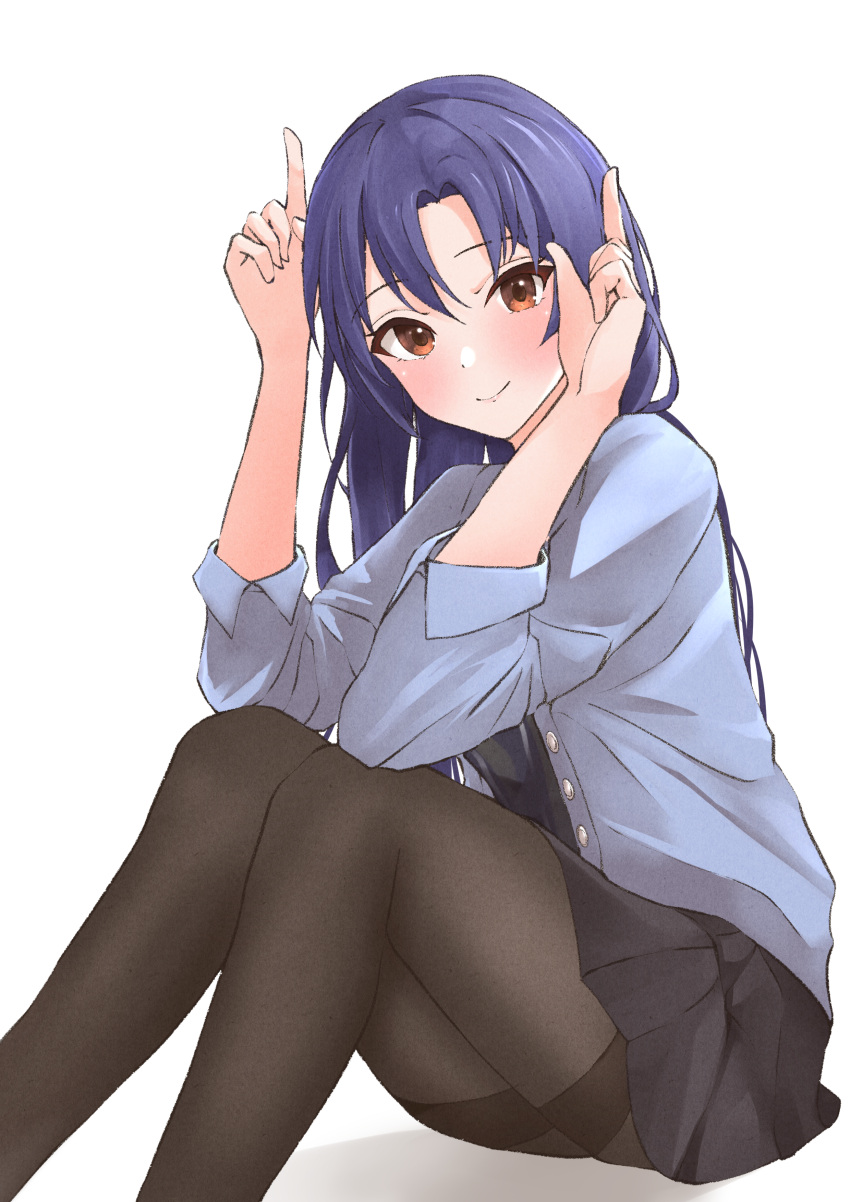 1girl absurdres b1ack_illust black_pantyhose black_skirt blue_cardigan blue_hair blush cardigan highres horns_pose idolmaster idolmaster_(classic) idolmaster_million_live! kisaragi_chihaya knees_up long_hair looking_at_viewer pantyhose simple_background sitting skirt smile solo straight_hair very_long_hair white_background