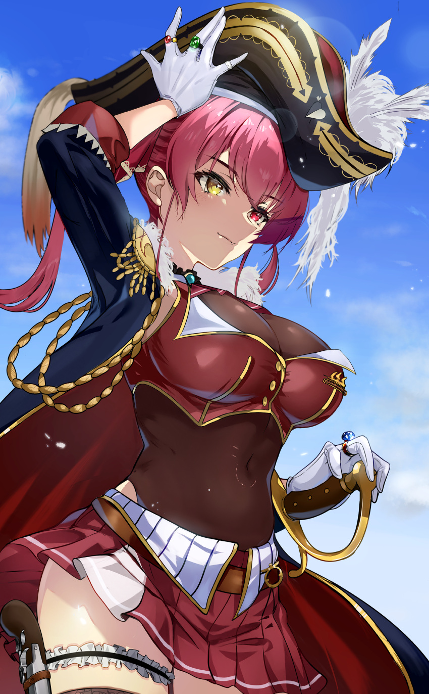 1girl absurdres antique_firearm bangs breasts cleavage covered_navel cowboy_shot firelock flintlock gloves gun hand_on_headwear hand_on_hilt handgun hat heterochromia highres hololive houshou_marine jewelry large_breasts miniskirt multiple_rings pirate_hat pleated_skirt red_eyes red_hair red_skirt ring skirt solo thigh_strap tomo0843 twintails two-tone_cloak weapon white_gloves yellow_eyes