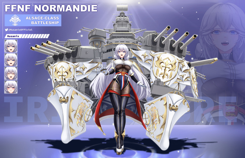 1girl absurdres artillery azur_lane black_footwear blush bodystocking boots breasts clothing_cutout english_commentary fleur-de-lis french_flag full_body gloves gold highres iris_libre_(emblem) large_breasts long_hair looking_at_viewer metal_gloves musanix normandie_(battleship) open_mouth original personification rigging solo thigh_boots turret underboob underboob_cutout very_long_hair white_gloves white_hair