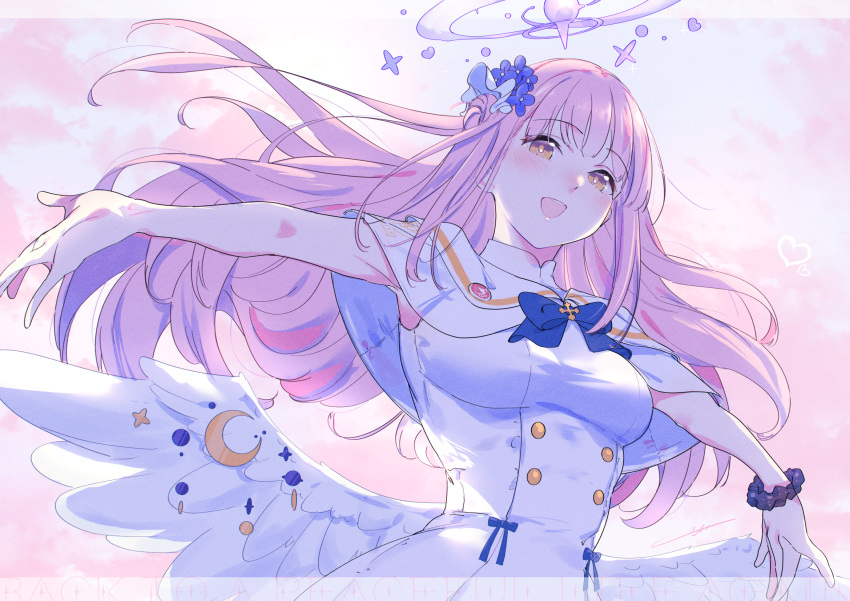 1girl blue_archive blush breasts commentary dress flower hair_flower hair_ornament halo high_collar highres kuziaaizuk long_hair looking_at_viewer medium_breasts mika_(blue_archive) open_mouth outstretched_arms pink_hair scrunchie smile solo upper_body white_dress wings wrist_scrunchie yellow_eyes