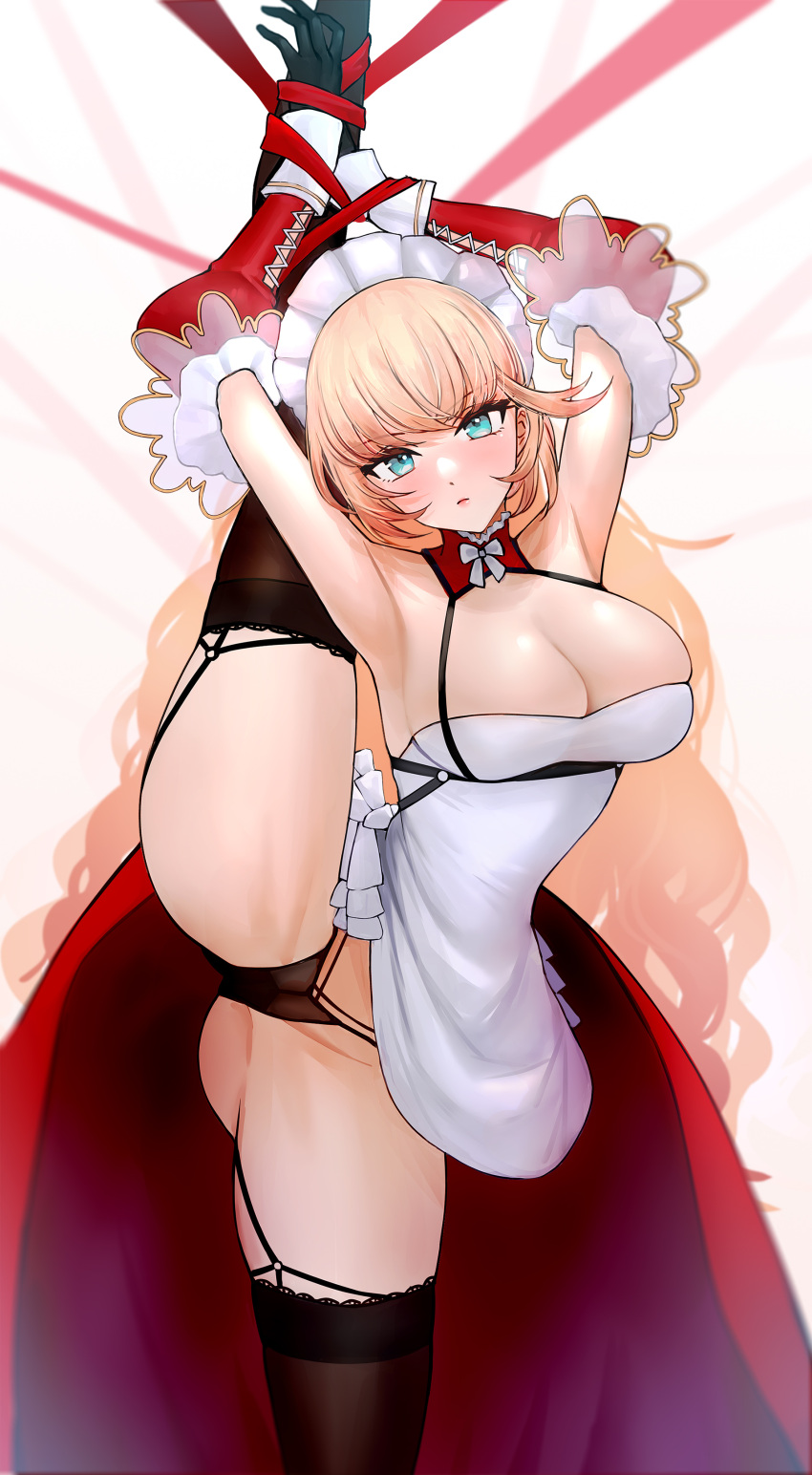 absurdres apron armpits ass_visible_through_thighs azur_lane bangs bare_shoulders bdsm blonde_hair blue_eyes bondage bound breasts cl_(summer_sama) cleavage curly_hair detached_sleeves frilled_sleeves frills highres howe_(azur_lane) howe_(pastry_princess)_(azur_lane) lace large_breasts long_sleeves looking_at_viewer maid maid_apron maid_headdress necktie panties red_ribbon red_skirt ribbon serious simple_background skirt split standing standing_on_one_leg standing_split thighhighs underwear