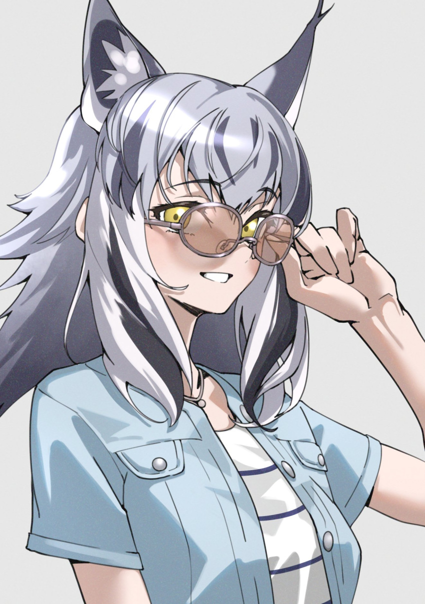 1girl adjusting_eyewear blue_jacket blush canadian_lynx_(kemono_friends) commentary_request extra_ears glasses grey_hair highres jacket jewelry kemono_friends kemono_friends_3 lynx_ears lynx_girl multicolored_hair necklace official_alternate_costume open_clothes open_jacket shirt short_hair short_sleeves smile solo tanabe_(fueisei) white_shirt yellow_eyes
