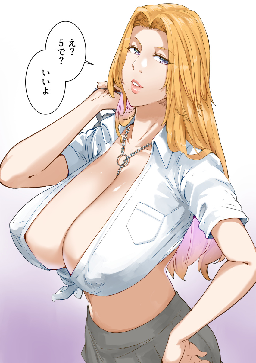 1girl alternate_costume bag bangs bleach blue_eyes breast_pocket breasts carrying_over_shoulder collarbone collared_shirt commentary_request covered_nipples grey_skirt hand_on_hip highres holding holding_bag jewelry large_breasts lips long_hair looking_at_viewer matsumoto_rangiku midriff mole mole_under_mouth necklace nypaon o-ring orange_hair parted_bangs parted_lips pleated_skirt pocket prostitution school_bag school_uniform shirt short_sleeves simple_background skirt speech_bubble tied_shirt translation_request white_shirt