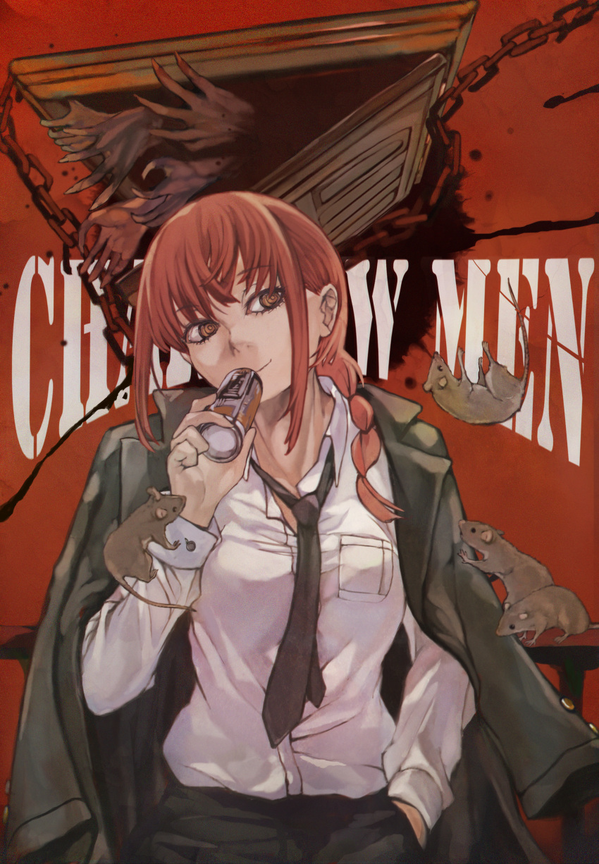 1girl absurdres bangs beer_can black_coat black_necktie black_pants braid braided_ponytail can chain chainsaw_man coat coat_on_shoulders collared_shirt copyright_name disembodied_limb door hand_in_pocket highres holding holding_can looking_to_the_side makima_(chainsaw_man) medium_hair mouse necktie nyami pants red_eyes red_hair red_theme ringed_eyes shirt shirt_tucked_in sidelocks smile solo white_shirt
