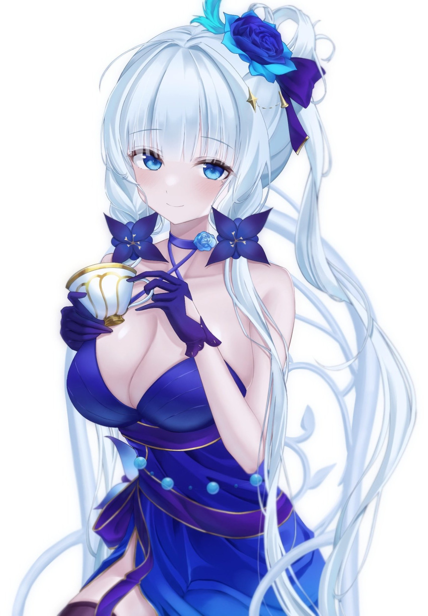 1girl azur_lane bare_shoulders blue_dress blue_flower blue_gloves blue_ribbon breasts cowboy_shot cup dress flower gloves hair_flower hair_ornament hair_ribbon halter_dress halterneck highres holding holding_cup illustrious_(azur_lane) large_breasts ribbon solo teacup thighhighs tumugi2002 white_hair