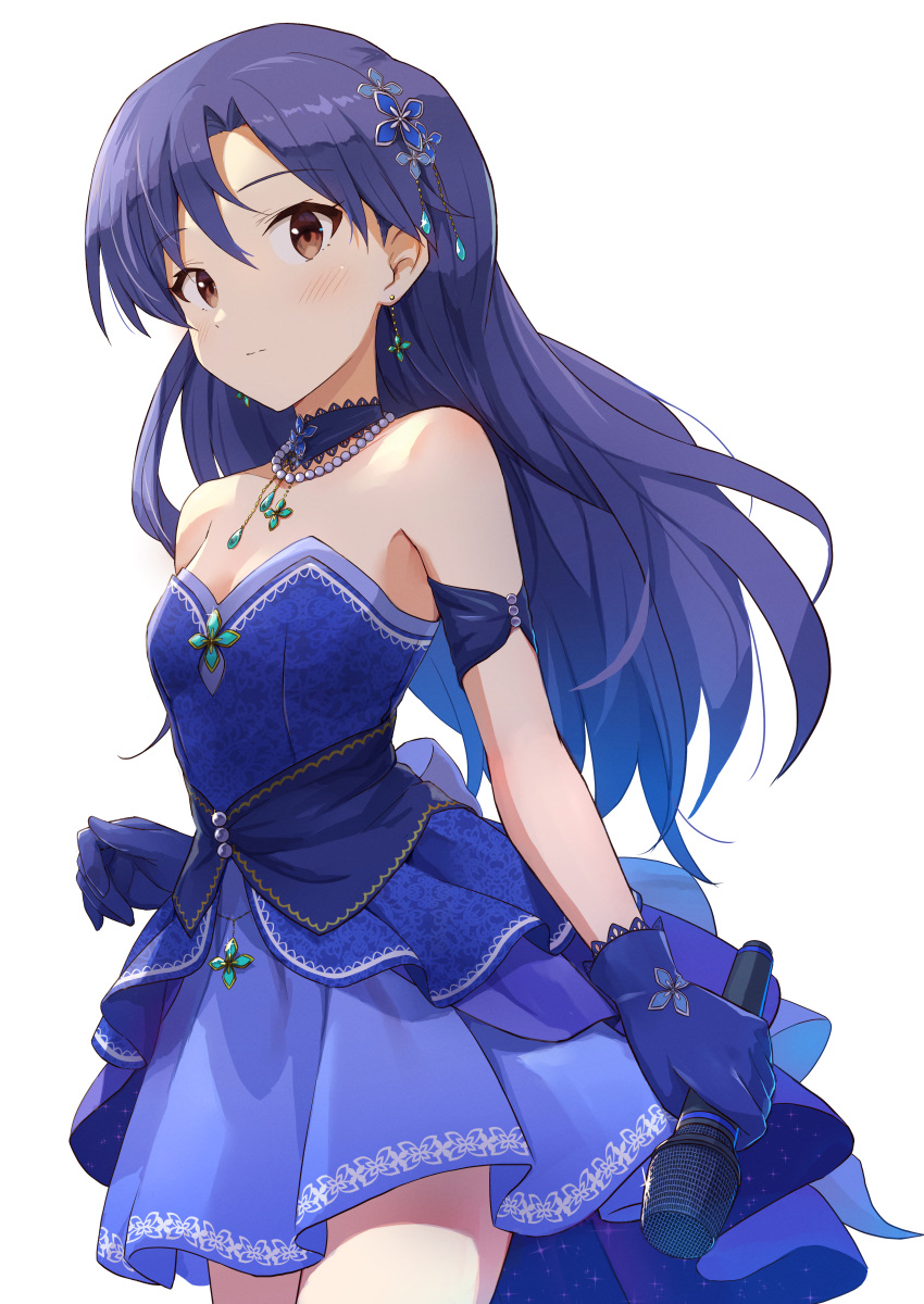 1girl absurdres bangs blue_choker blue_dress blue_gloves blue_hair breasts brown_eyes choker cleavage closed_mouth collarbone cowboy_shot dress earrings gloves hair_ornament highres holding holding_microphone idolmaster idolmaster_(classic) idolmaster_million_live! idolmaster_million_live!_theater_days jewelry kisaragi_chihaya long_hair microphone shuucream_(syuichi) small_breasts solo strapless strapless_dress white_background
