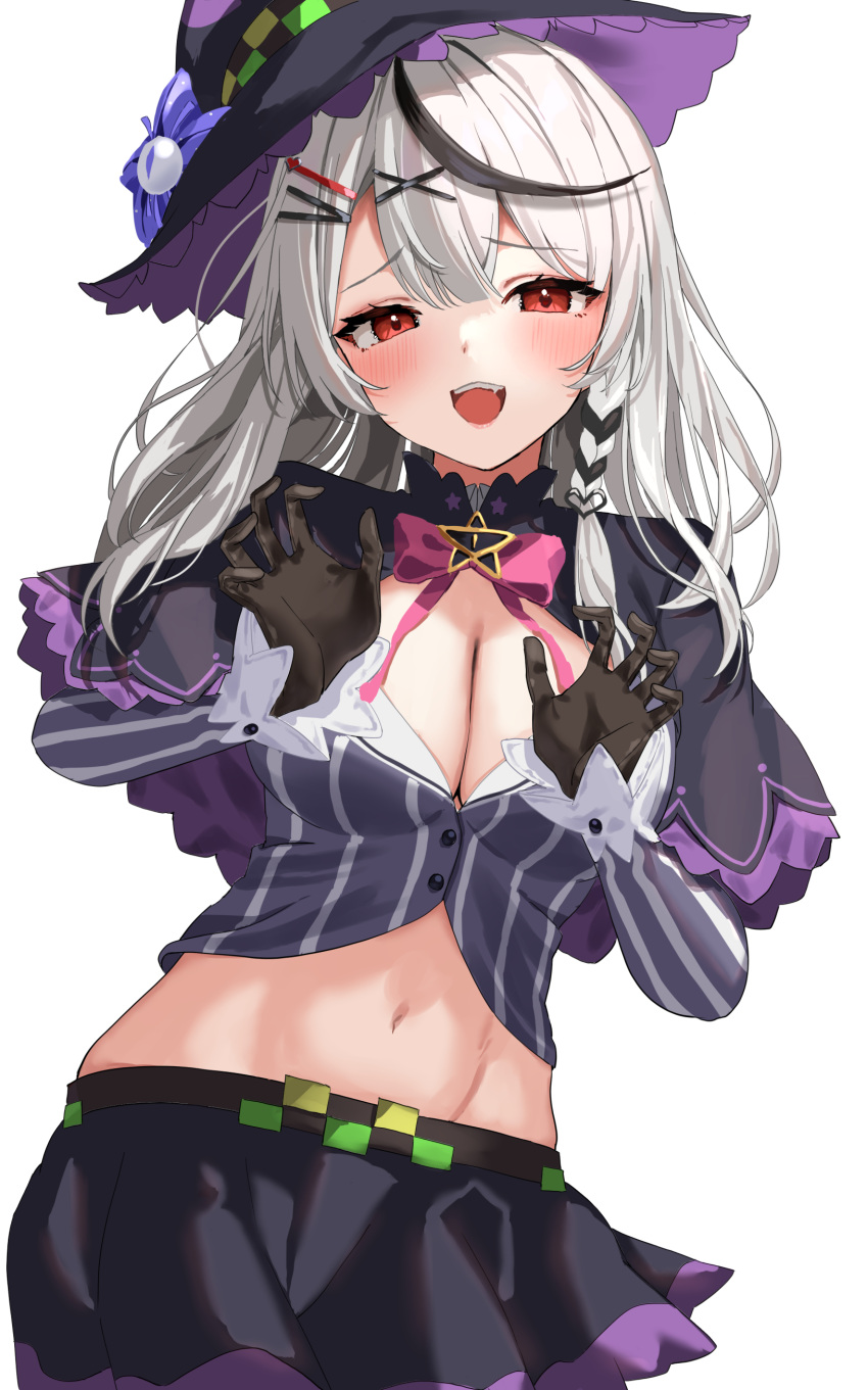 1girl absurdres black_gloves black_headwear black_shirt black_skirt bow bowtie breasts buttons capelet cleavage cosplay cowboy_shot crop_top gloves grey_hair hair_ornament hairclip hat highres hololive large_breasts long_hair long_sleeves looking_at_viewer midriff miniskirt multicolored_hair murasaki_shion murasaki_shion_(cosplay) navel open_mouth red_eyes sakamata_chloe shirt skirt smile solo stomach streaked_hair striped striped_shirt upper_body uuroncha virtual_youtuber witch_hat x_hair_ornament