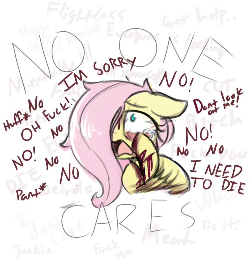 absurd_res blood bodily_fluids ccruelangel crying depressing equid equine female feral fluttershy_(mlp) friendship_is_magic hair hasbro hi_res horse imminent_death mammal my_little_pony pink_hair pony self_harm simple_background solo suicide_attempt tears vent_art wings yellow_body