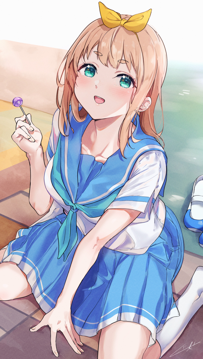 1girl aqua_eyes blue_sailor_collar blue_sky breasts candy food green_neckerchief hair_ribbon hand_up hibike!_euphonium highres holding holding_candy holding_food holding_lollipop kitauji_high_school_uniform kneehighs kuziaaizuk light_brown_hair lollipop medium_breasts neckerchief open_mouth ribbon sailor_collar school_uniform serafuku shirt shoes shoes_removed short_sleeves signature sitting sky smile socks solo thick_eyebrows uwabaki wariza white_footwear white_shirt white_socks yellow_ribbon yoshikawa_yuuko