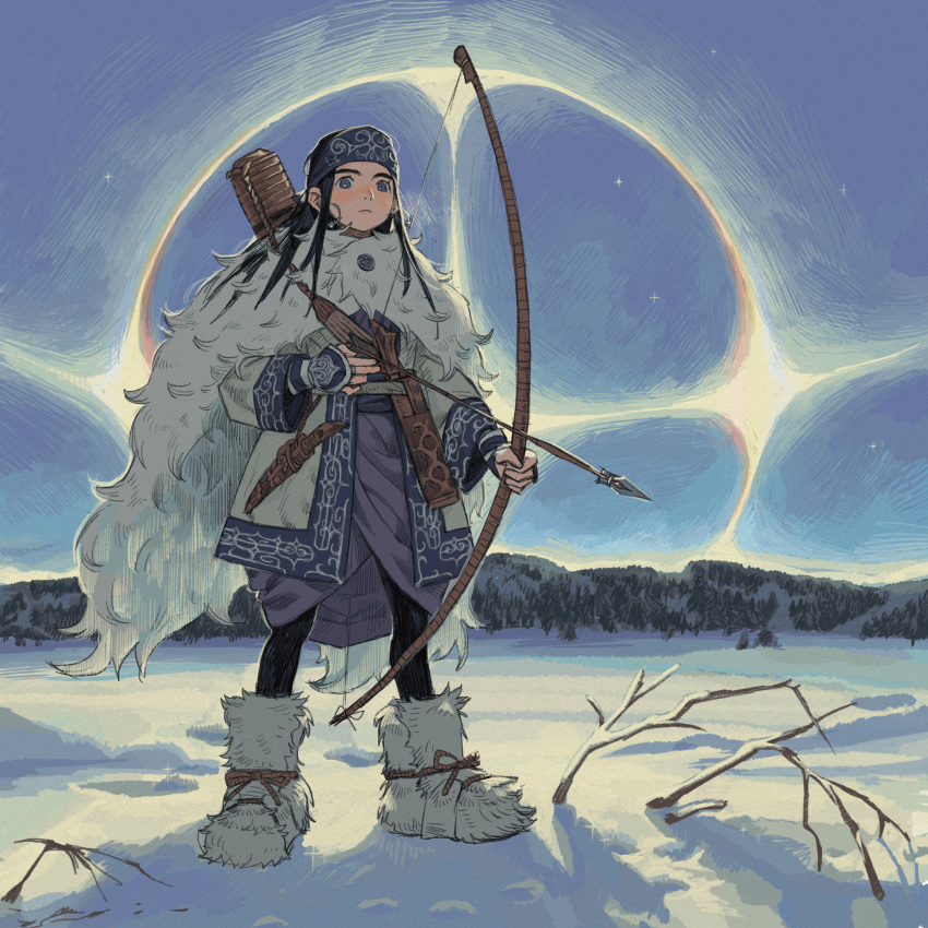 1girl absurdres ainu_clothes asirpa bandana black_hair blue_eyes blue_sky boots bow_(weapon) branch coat fingerless_gloves full_body fur_coat fur_trim gloves golden_kamuy highres holding holding_weapon knife long_hair looking_at_viewer patterned_clothing quiver sky snow sol-halite sun_halo weapon white_coat winter_clothes