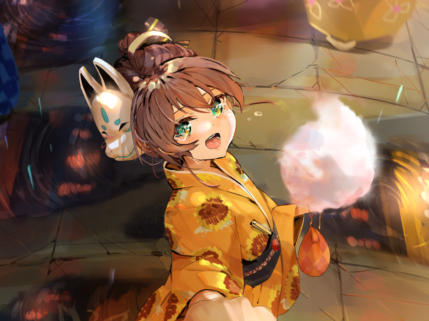 1girl aged_down aqua_eyes brown_hair commentary_request cotton_candy crying fox_mask funi_mu9 highres hololive japanese_clothes kimono looking_at_viewer mask natsuiro_matsuri obi open_mouth sash solo tears virtual_youtuber yukata