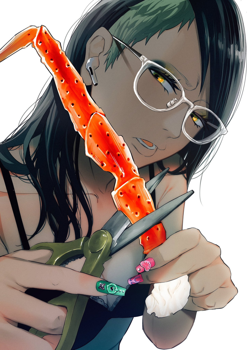 1girl black_bra black_hair bra breasts cleavage collarbone crab crab_leg eyelashes fake_nails food glasses highres holding holding_food holding_scissors long_hair lower_teeth_only multicolored_nails open_mouth original scissors shiori_(moechin) solo teeth undercut underwear white-framed_eyewear white_background wireless_earphones yellow_eyes