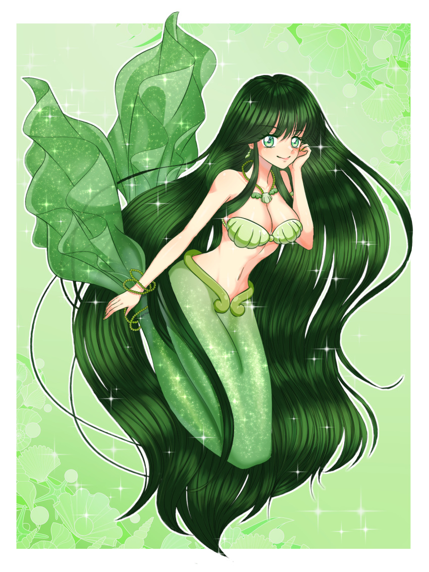 1girl absurdres armlet bangs bare_shoulders bracelet breasts cleavage closed_mouth commentary earrings green_background green_eyes green_hair hand_up highres jewelry long_hair looking_at_viewer lpp_bitshies medium_breasts mermaid mermaid_melody_pichi_pichi_pitch monster_girl navel necklace pearl_necklace shell shell_bikini shell_necklace smile solo sparkle stomach tail tail_ornament touin_rina touin_rina_(mermaid) very_long_hair