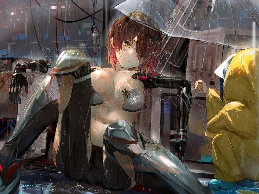 2girls a-chan_(hololive) aged_down android breasts brown_eyes brown_hair cable commentary detached_arm electricity funi_mu9 highres hololive large_breasts midriff multiple_girls navel no_shirt raincoat roboco-san robot science_fiction short_hair sitting smile solo_focus transparent transparent_umbrella umbrella virtual_youtuber yellow_raincoat
