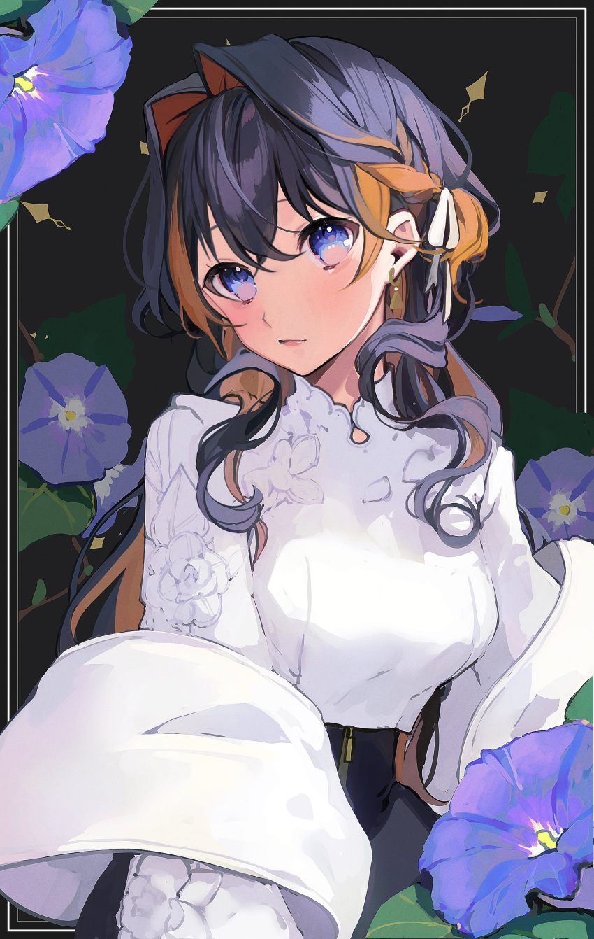 1girl absurdres bangs black_hair black_pants blue_eyes blue_flower braid breasts earrings flower hair_between_eyes hair_intakes hair_ribbon head_tilt high-waist_pants highres jewelry long_hair long_sleeves looking_at_viewer medium_breasts multicolored_hair nijisanji nijisanji_en orange_hair pants petra_gurin ribbon sakai_eri_(illustratoreri) shirt shirt_tucked_in single_braid solo streaked_hair virtual_youtuber white_ribbon white_shirt