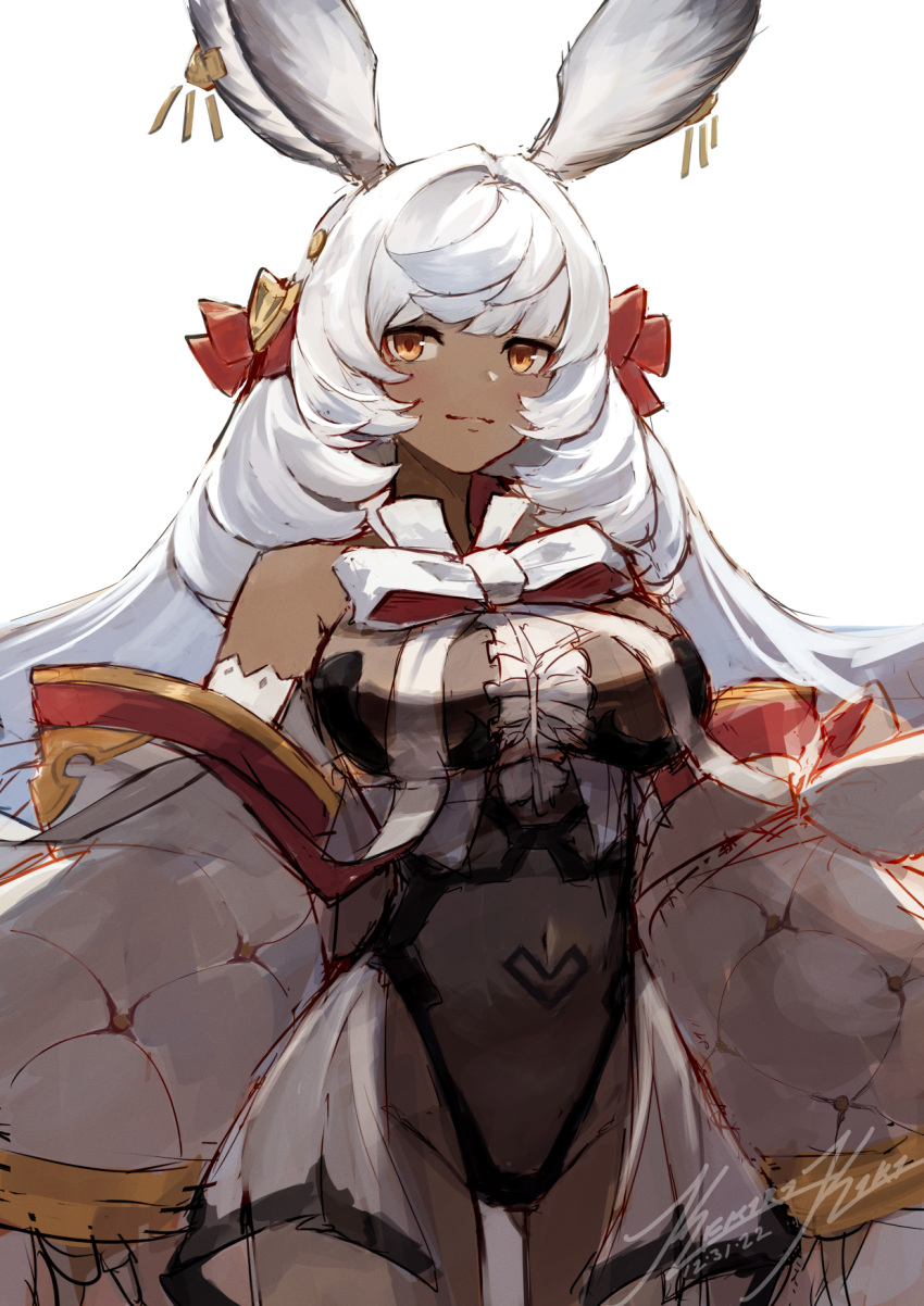 1girl animal_ears bare_shoulders black_leotard bow breasts center_frills closed_mouth covered_navel cowboy_shot dated detached_sleeves frills granblue_fantasy groin hair_bow highres large_breasts leotard long_hair looking_at_viewer makura_(granblue_fantasy) punished_pigeon rabbit_ears signature smile solo watermark yellow_eyes