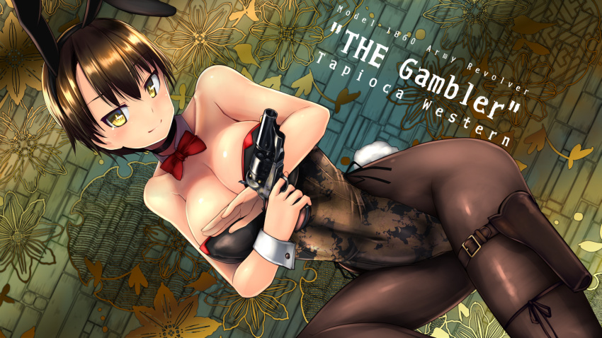 1girl animal_ears back-seamed_legwear bangs bare_shoulders black_eyes black_hair black_leotard black_pantyhose bow bowtie breasts cleavage closed_mouth colt_1860_army commentary copyright_name detached_collar dutch_angle english_commentary english_text fake_animal_ears fake_tail gun highleg highleg_leotard highres holding holding_gun holding_weapon holster large_breasts leotard looking_at_viewer one_knee pantyhose playboy_bunny print_leotard rabbit_ears rabbit_tail red_bow red_bowtie revolver seamed_legwear short_hair smile solo tail tapioca_western thigh_holster tokihama_jirou weapon wrist_cuffs