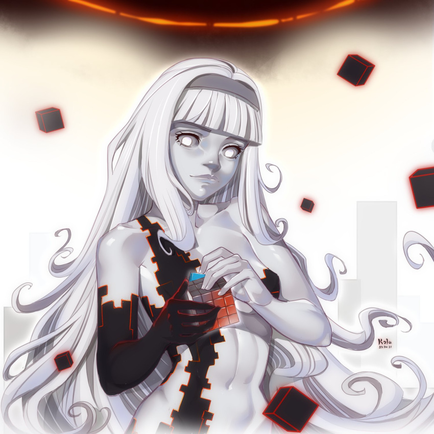 1girl bangs blunt_bangs cube dated false_idol final_fantasy final_fantasy_xiv floating floating_object headband highres hime_cut kola411 long_hair looking_at_object navel nier:automata nier_(series) rubik's_cube sidelocks solo white_eyes white_hair