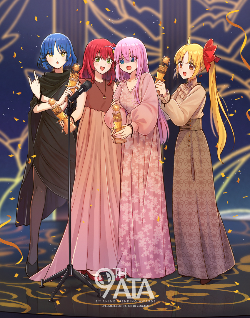 4girls \n/ absurdres ahoge black_dress black_pantyhose blonde_hair blue_hair bocchi_the_rock! cable_tie confetti cube_hair_ornament dress floral_print gotou_hitori hair_ornament hair_ribbon hakamii highres holding_trophy ijichi_nijika jewelry kita_ikuyo microphone microphone_stand multiple_girls pantyhose pendant pink_dress pink_hair print_dress red_hair red_ribbon ribbon shaded_face stage trophy unmoving_pattern watermark yamada_ryou