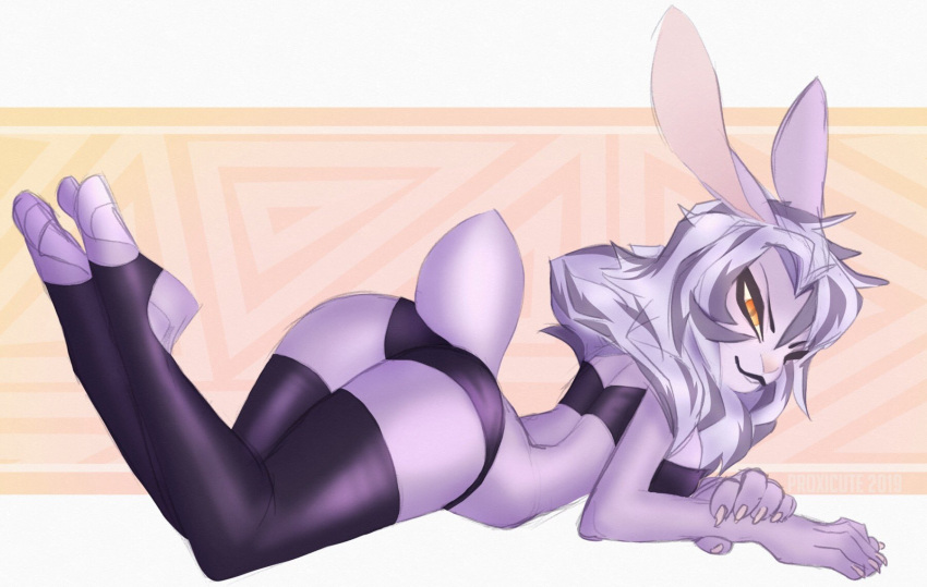 abstract_background anthro bra butt clothing female fur hair hi_res lagomorph legwear leporid looking_at_viewer lying_on_ground mammal proxicute purple_body purple_fur rabbit raised_tail royce_(proxicute) small_waist smile solo strapless_bra strapless_clothing strapless_underwear tail thigh_highs underwear white_hair