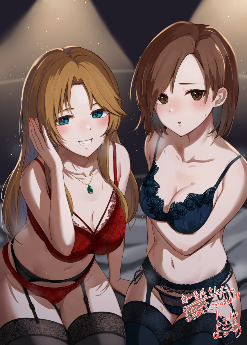 2girls :d arm_under_breasts bangs bare_shoulders black_bra black_panties black_thighhighs blonde_hair blue_eyes blush bra breast_hold breasts brown_eyes brown_hair cleavage collarbone garter_belt grin highres idolmaster idolmaster_cinderella_girls jewelry kozeni_isari lace-trimmed_bra lace_trim large_breasts light_particles looking_at_viewer matsumoto_sarina mizuki_seira multiple_girls navel necklace on_bed panties parted_bangs parted_lips red_bra red_panties signature sitting smile swept_bangs thighhighs underwear underwear_only