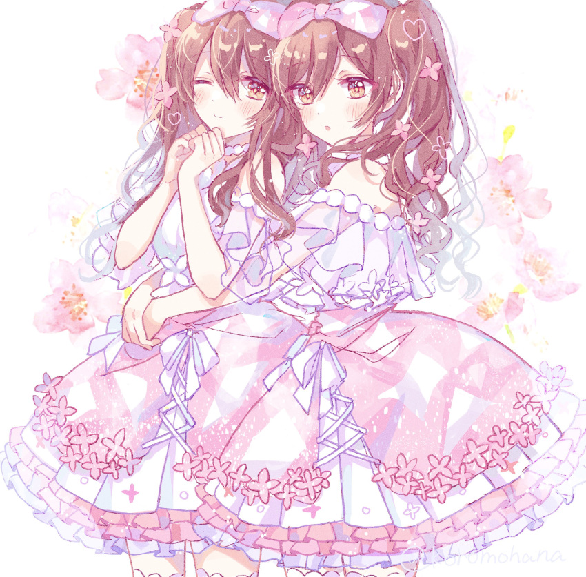 2girls absurdres bangs bare_shoulders blush closed_mouth commentary dress frilled_dress frills hair_between_eyes hair_ribbon hanai_yuyu highres hug hug_from_behind idolmaster idolmaster_shiny_colors long_hair looking_at_viewer multiple_girls official_alternate_costume official_alternate_hairstyle one_eye_closed open_mouth osaki_amana osaki_tenka red_hair ribbon siblings sisters smile swept_bangs symbol-only_commentary twins twintails wavy_hair white_dress yellow_eyes