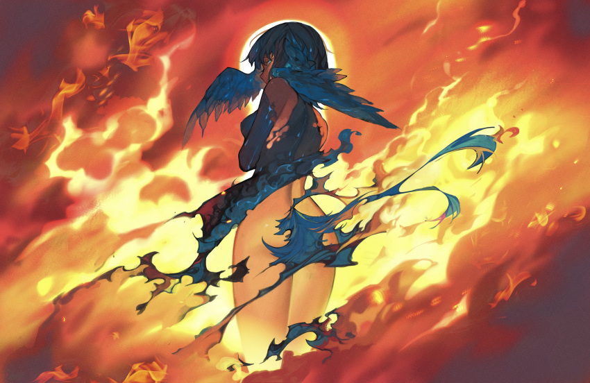 1girl absurdres bangs bare_shoulders bird_girl bird_tail bird_wings blue_dress blue_eyes blue_hair burning burning_clothes chinese_commentary commentary_request dress eboda-x feathered_wings feet_out_of_frame final_fantasy final_fantasy_xiv fire from_behind half-closed_eyes head_wings highres looking_at_viewer looking_back meteion self_hug short_hair solo standing sun tail wings
