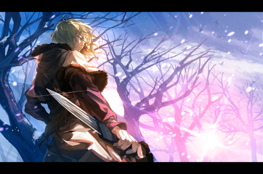 1boy absurdres blonde_hair dagger fur_trim highres holding holding_dagger holding_knife holding_weapon knife looking_back male_focus outdoors sakino_saku serious short_hair sky thorfinn tree vinland_saga weapon