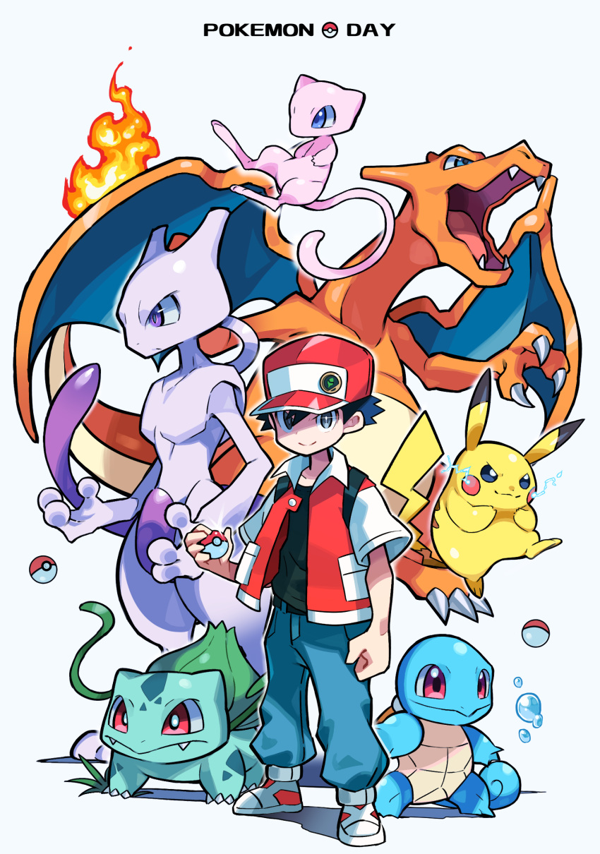 black_hair black_shirt bubble bulbasaur charizard denim electricity hat highres holding holding_poke_ball hyou_(hyouga617) jacket jeans mew_(pokemon) mewtwo pants pikachu poke_ball pokemon pokemon_(creature) pokemon_(game) red_(pokemon) red_jacket shirt shoes short_hair short_sleeves squirtle vine_whip white_background