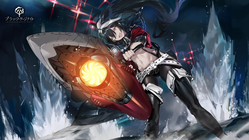 1girl artist_request black_hair black_surge_night black_thighhighs copyright_name fang highres long_hair midriff multicolored_hair navel official_art open_mouth orange_eyes ponytail scharnhorst_(black_surge_night) skin_fang standing standing_on_liquid streaked_hair thighhighs third-party_source white_hair