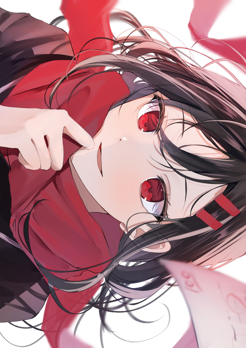 1girl absurdres bangs black_jacket blurry blurry_foreground brown_hair exif_rotation hair_ornament hairclip highres holding holding_clothes holding_scarf jacket kagerou_project long_hair looking_at_viewer looking_away mahiru_yura open_mouth red_eyes red_scarf rotated scarf sidelocks simple_background smile solo tateyama_ayano upper_body white_background