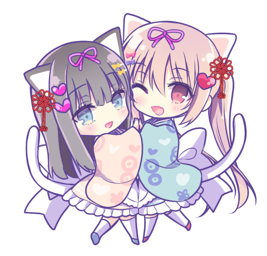 2girls ;d animal_ears apron bangs black_hair blue_eyes blue_footwear blue_kimono blush bow brown_hair brown_kimono cat_ears cat_girl cat_tail commentary_request fang frilled_kimono frills hair_between_eyes hair_bow hair_ornament hair_ribbon hairclip heart heart_hair_ornament japanese_clothes kimono long_hair long_sleeves multiple_girls one_eye_closed original pink_ribbon purple_bow red_bow red_eyes red_footwear ribbon shiwasu_horio shoes simple_background smile tail thighhighs twintails very_long_hair white_apron white_background white_thighhighs wide_sleeves yellow_bow